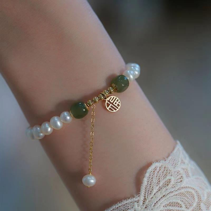 Natural Pearl Bracelet-Green Jade Beads Fu - FengshuiGallary