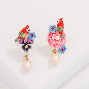 Natural Pearl Enamel Parrot Flower Lucky Earrings - FengshuiGallary