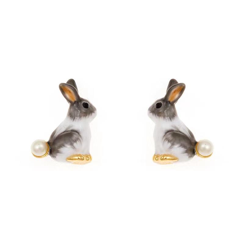 Natural Pearl Enamel Rabbit Lucky Earrings - FengshuiGallary
