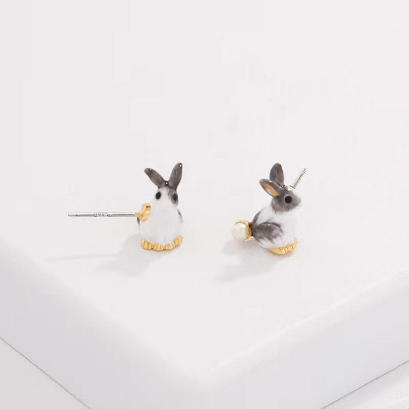 Natural Pearl Enamel Rabbit Lucky Earrings - FengshuiGallary