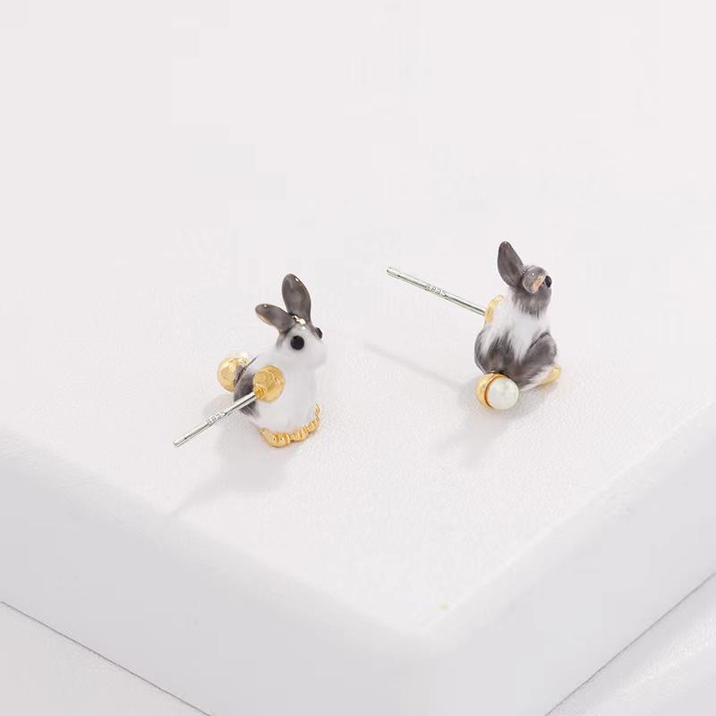 Natural Pearl Enamel Rabbit Lucky Earrings - FengshuiGallary