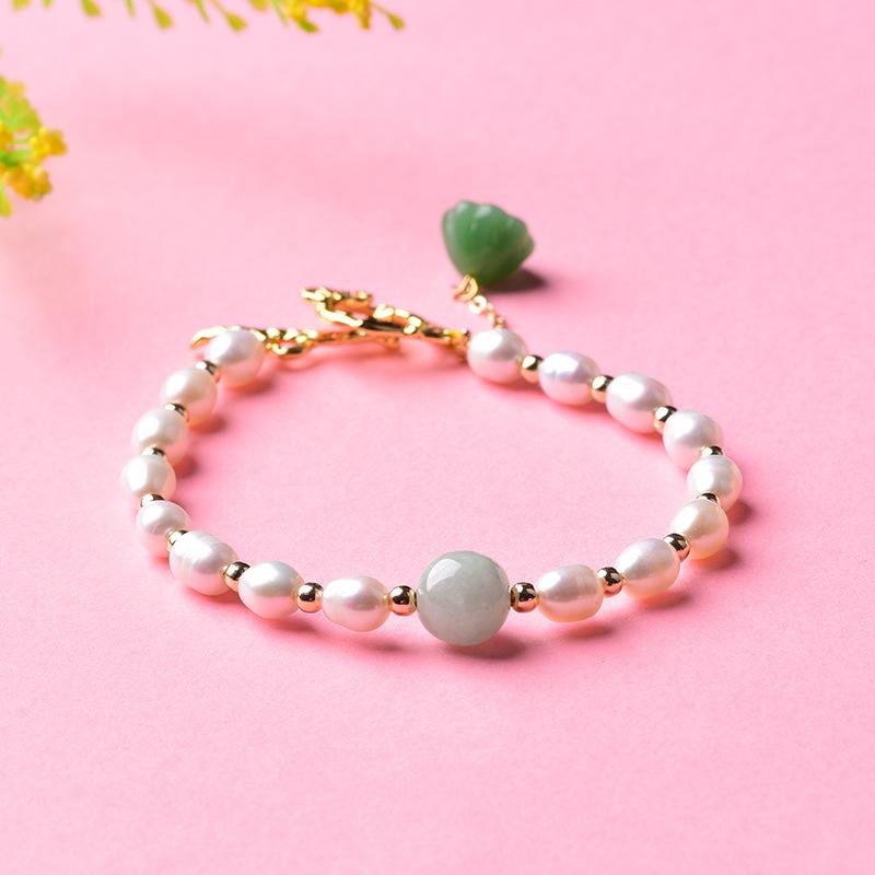Natural Pearl White Jade Bracelet-Green Jade Lotus Flower - FengshuiGallary