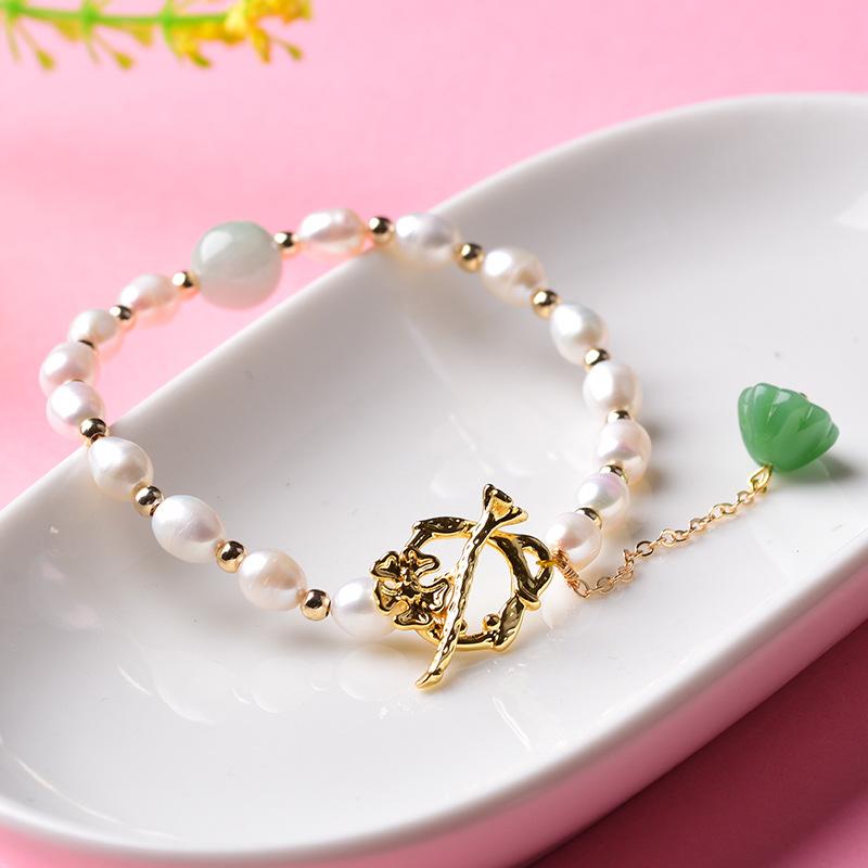 Natural Pearl White Jade Bracelet-Green Jade Lotus Flower - FengshuiGallary