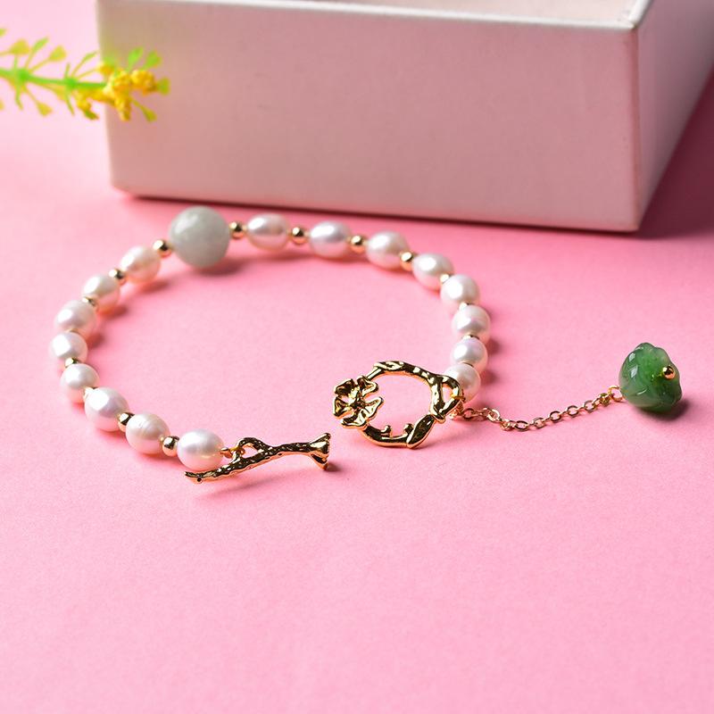 Natural Pearl White Jade Bracelet-Green Jade Lotus Flower - FengshuiGallary