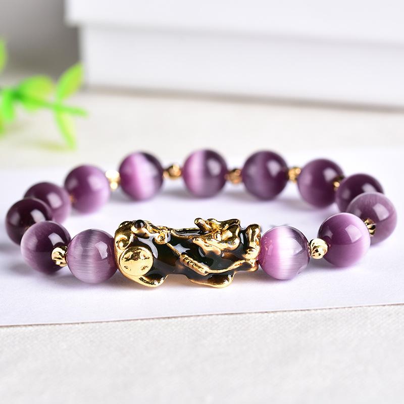 Natural Purple Cat`s Eye Color Changing Pixiu Wealth Bracelet - FengshuiGallary