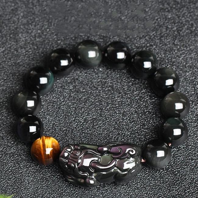 Natural Rainbow Obsidian Pixiu Yellow Tiger`s Eye Bead Protection Bracelet - FengshuiGallary