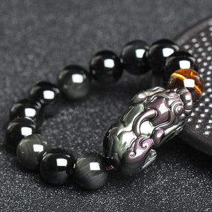 Natural Rainbow Obsidian Pixiu Yellow Tiger`s Eye Bead Protection Bracelet - FengshuiGallary