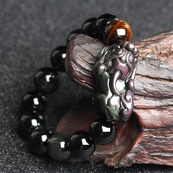Natural Rainbow Obsidian Pixiu Yellow Tiger`s Eye Bead Protection Bracelet - FengshuiGallary