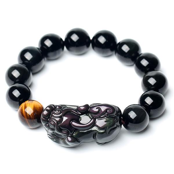 Natural Rainbow Obsidian Pixiu Yellow Tiger`s Eye Bead Protection Bracelet - FengshuiGallary