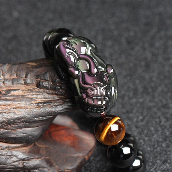 Natural Rainbow Obsidian Pixiu Yellow Tiger`s Eye Bead Protection Bracelet - FengshuiGallary