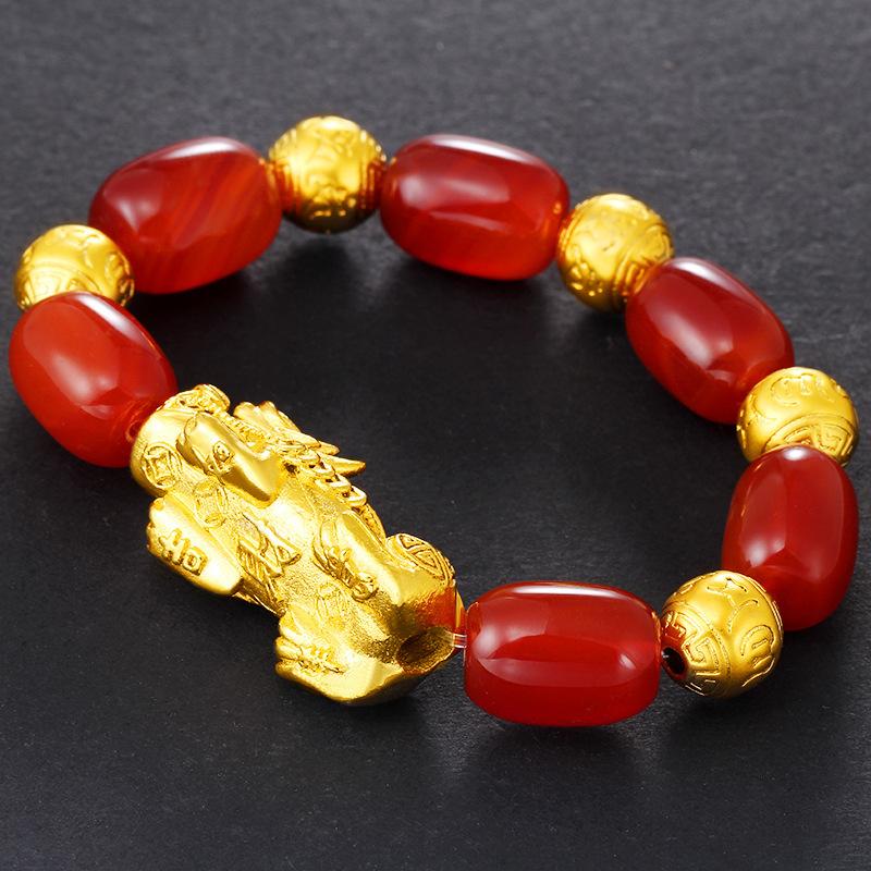 Natural Red Agate 24k Gold Pixiu Wealth Bracelet - FengshuiGallary