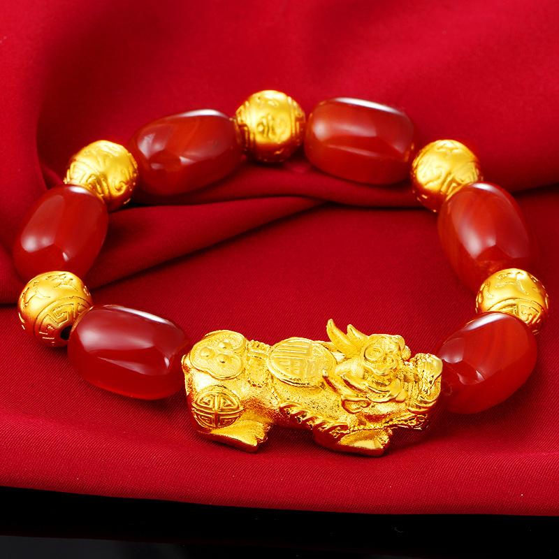 Natural Red Agate 24k Gold Pixiu Wealth Bracelet - FengshuiGallary