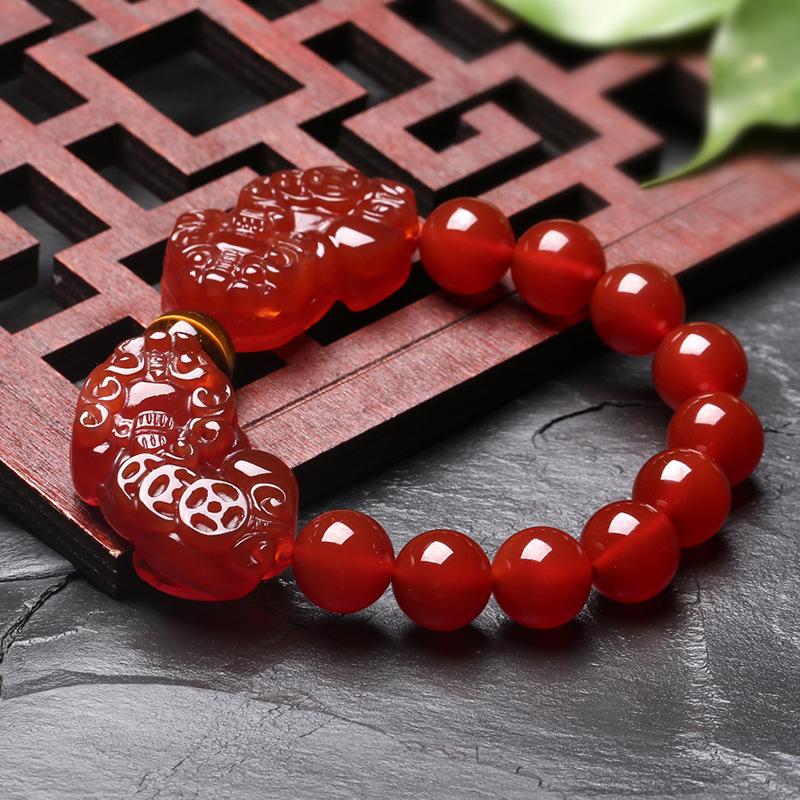 Natural Red Agate Double Pixiu Yellow Tiger Eye Wealth Bracelet - FengshuiGallary