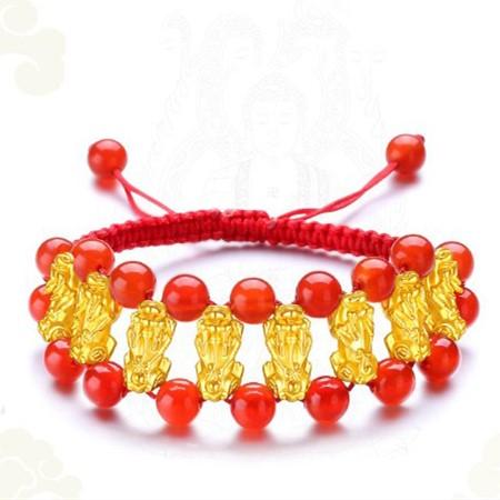 Natural Red Agate Eight Gold Pixiu Wealth Bracelet - FengshuiGallary