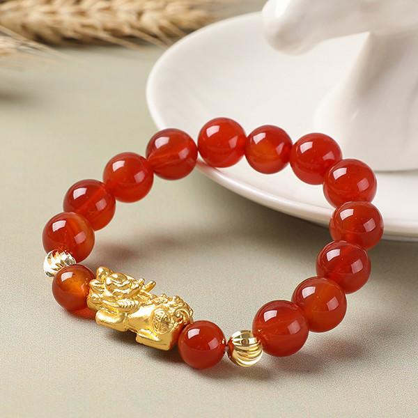 Natural Red Agate Gold Bead Pixiu Lucky Bracelet - FengshuiGallary