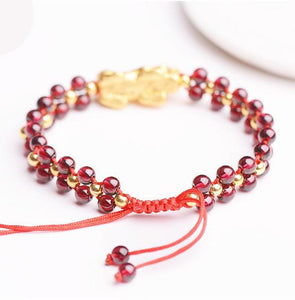 Natural Red Garnet Gold Pixiu Wealth Bracelet - FengshuiGallary