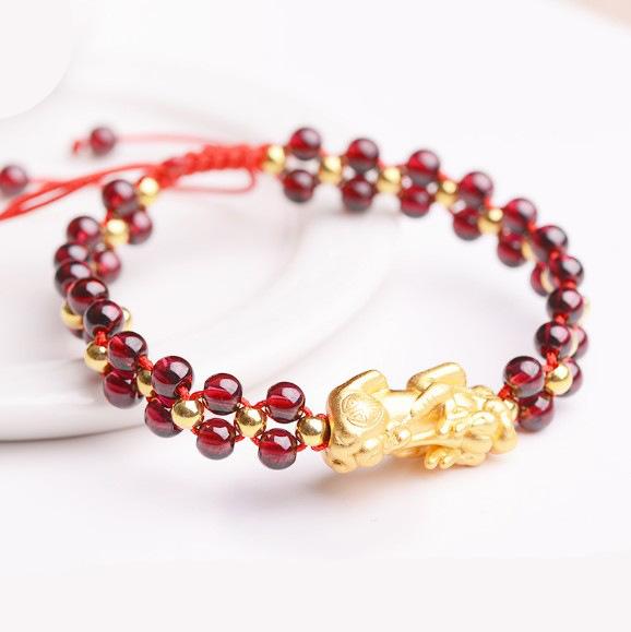 Natural Red Garnet Gold Pixiu Wealth Bracelet - FengshuiGallary