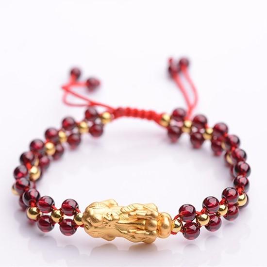 Natural Red Garnet Gold Pixiu Wealth Bracelet - FengshuiGallary