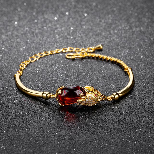 Natural Red Garnet Gold Pixiu Wealth Bracelet - FengshuiGallary