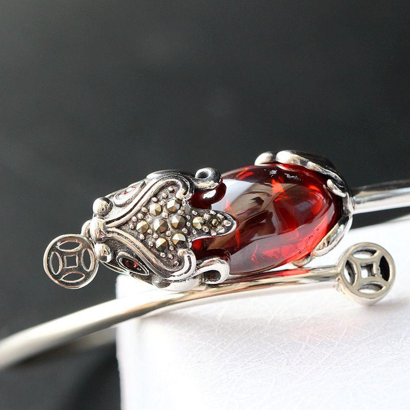 Natural Red Garnet Pixiu 925 Silver Wealth Bangle - FengshuiGallary