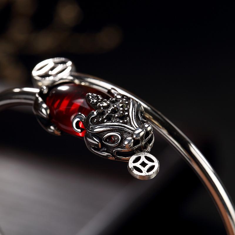 Natural Red Garnet Pixiu 925 Silver Wealth Bangle - FengshuiGallary
