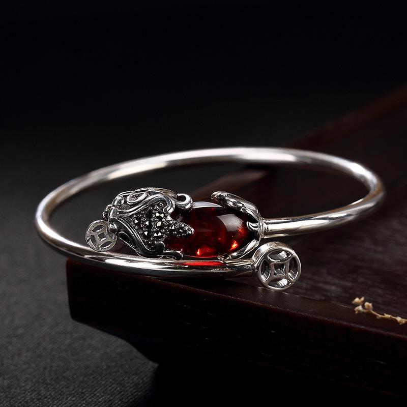 Natural Red Garnet Pixiu 925 Silver Wealth Bangle - FengshuiGallary