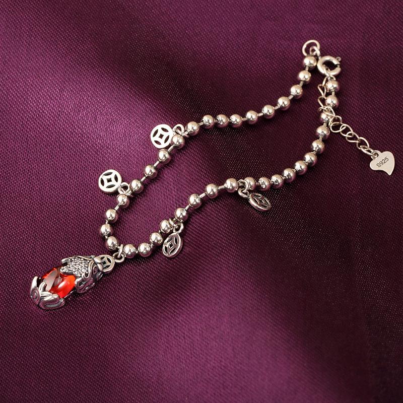 Natural Red Garnet Pixiu Lucky Silver Bracelet - FengshuiGallary