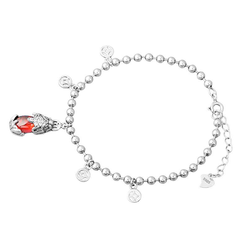 Natural Red Garnet Pixiu Lucky Silver Bracelet - FengshuiGallary