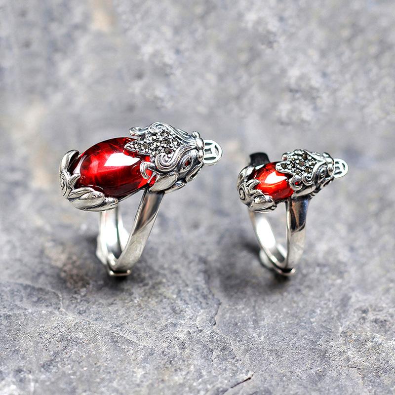 Natural Red Garnet Pixiu Thai Silver Wealth Ring - FengshuiGallary