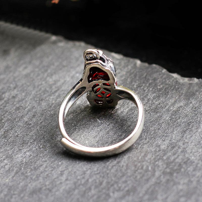 Natural Red Garnet Pixiu Thai Silver Wealth Ring - FengshuiGallary