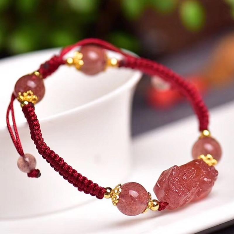 Natural Strawberry Crystal Pixiu Charm Lucky Bracelet - FengshuiGallary