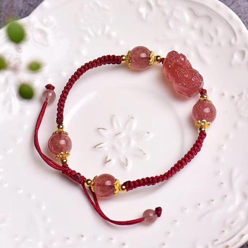 Natural Strawberry Crystal Pixiu Charm Lucky Bracelet - FengshuiGallary