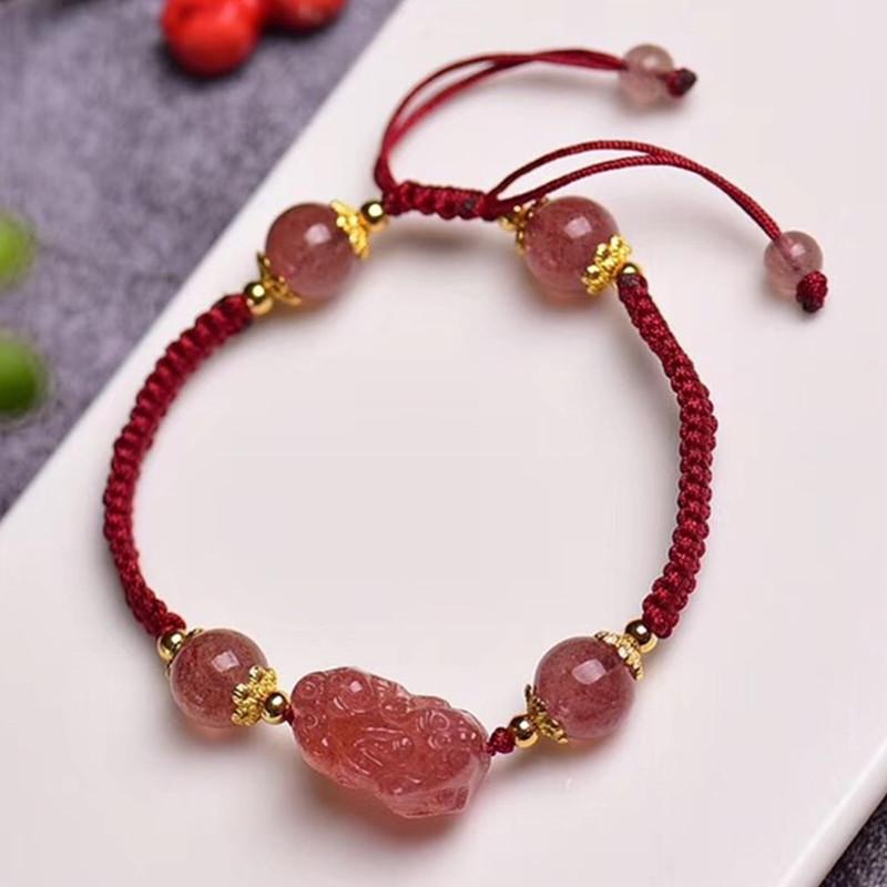 Natural Strawberry Crystal Pixiu Charm Lucky Bracelet - FengshuiGallary