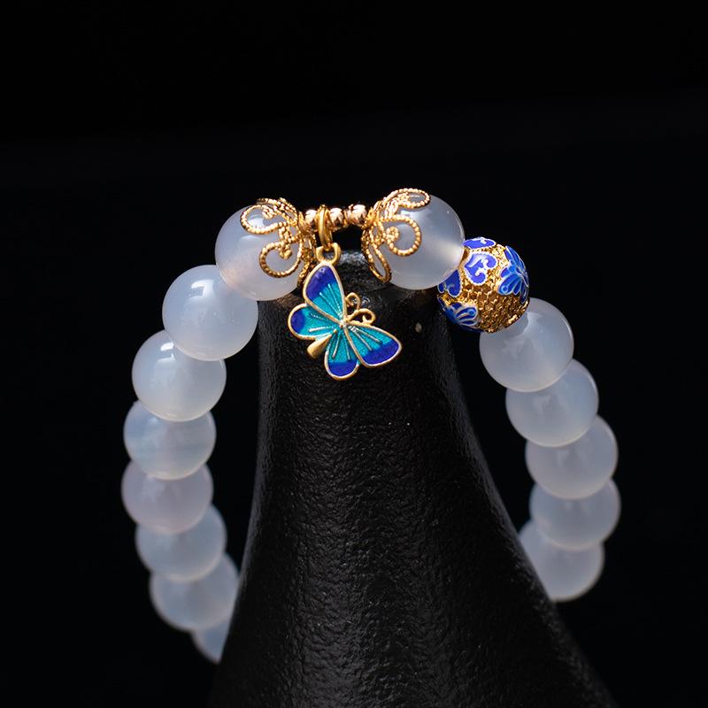 Natural White Agate Cloisonne Butterfly Healing Bracelet - FengshuiGallary