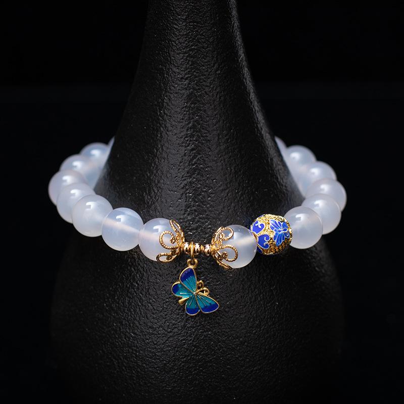 Natural White Agate Cloisonne Butterfly Healing Bracelet - FengshuiGallary