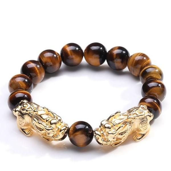Natural Yellow Tiger`s Eye Gold Double Pixiu Lucky Bracelet - FengshuiGallary