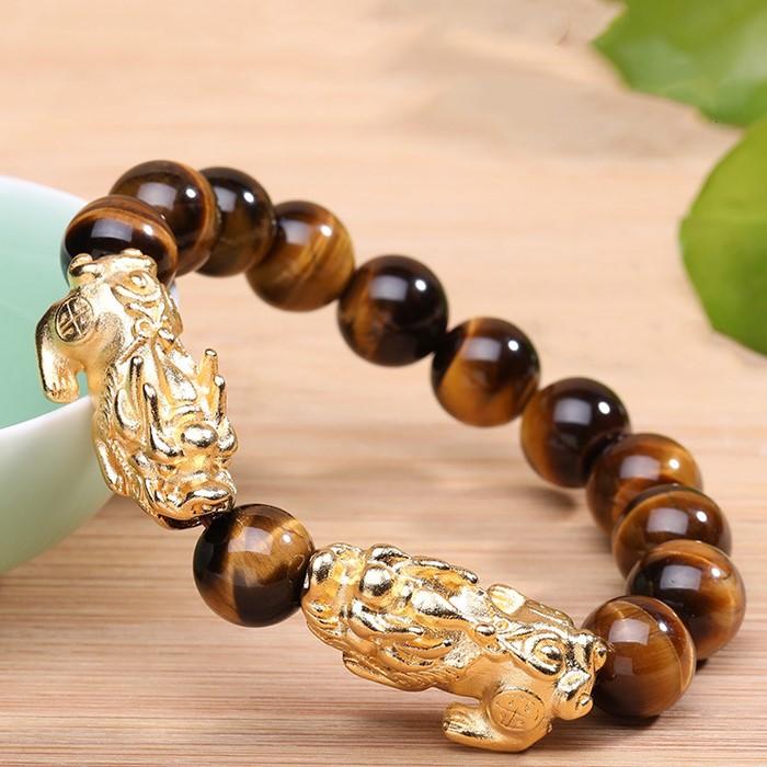 Natural Yellow Tiger`s Eye Gold Double Pixiu Lucky Bracelet - FengshuiGallary