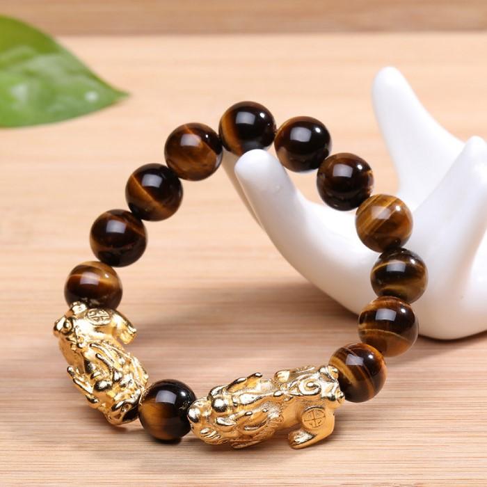Natural Yellow Tiger`s Eye Gold Double Pixiu Lucky Bracelet - FengshuiGallary