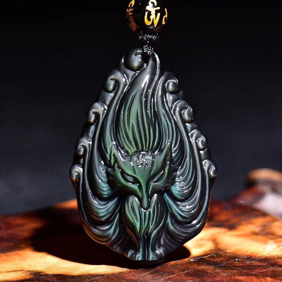 Nine Tailed Fox God Rainbow Obsidian Protection Pendant - FengshuiGallary