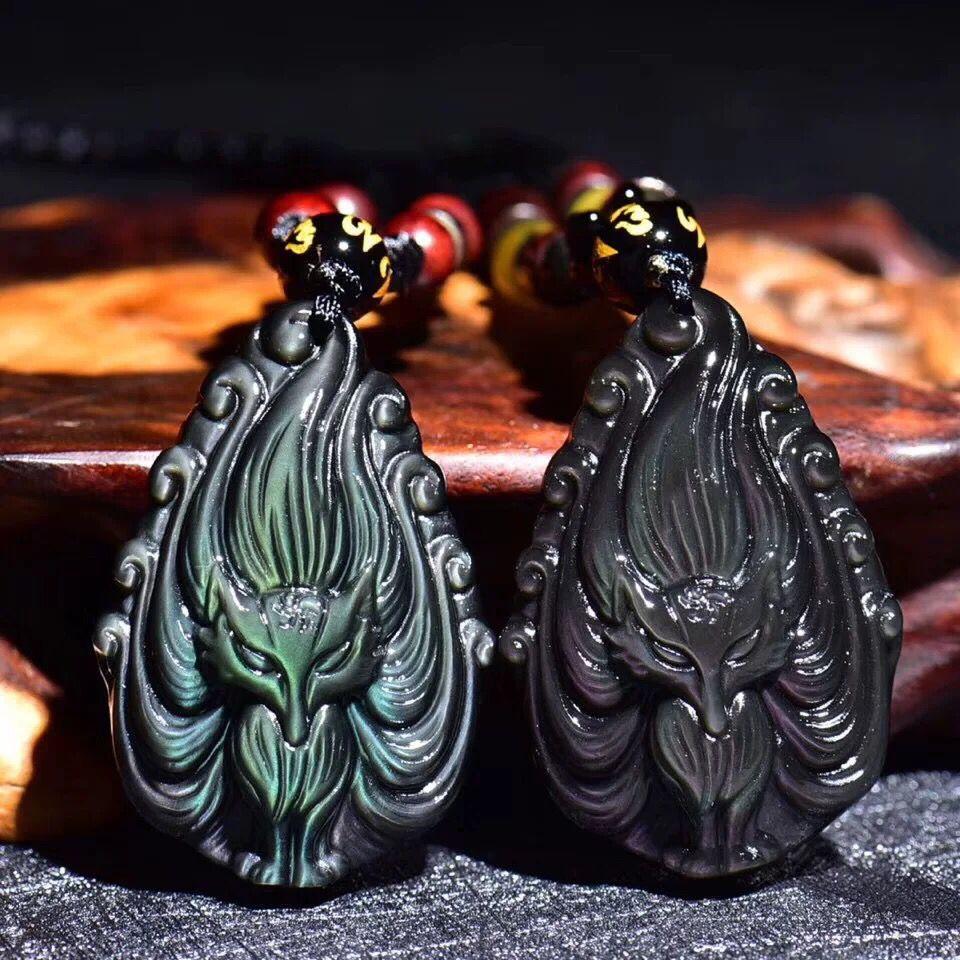 Nine Tailed Fox God Rainbow Obsidian Protection Pendant - FengshuiGallary
