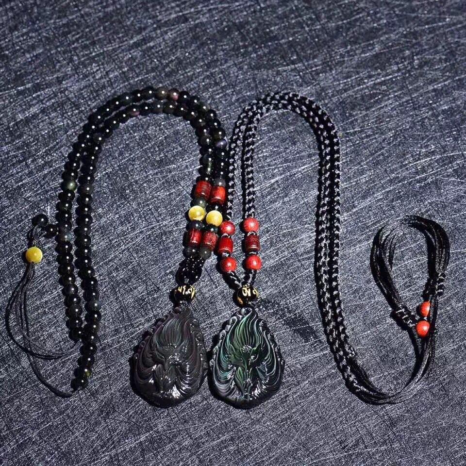 Nine Tailed Fox God Rainbow Obsidian Protection Pendant - FengshuiGallary