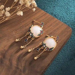 Orchid Earrings-White Jade Blue Enamel - FengshuiGallary