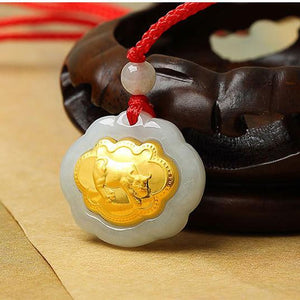 Ox-24k Gold 12 Chinese Zodiac Lucky Amulet White Jade Pendant Necklace - FengshuiGallary