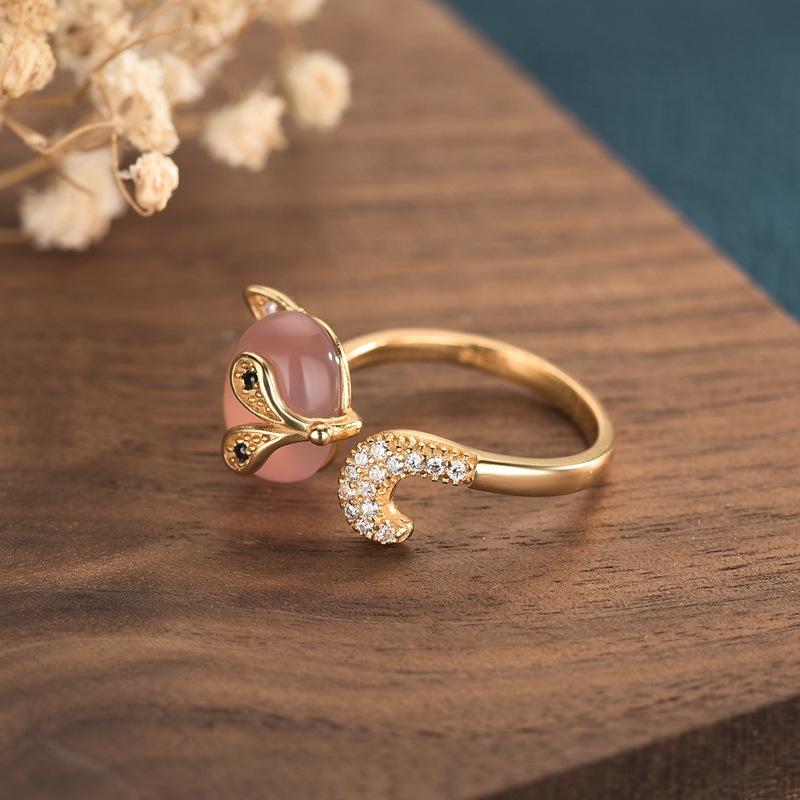 Pink Crystal Fox Cubic Zirconia Gold Protection Ring - FengshuiGallary