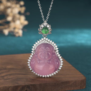 Pink Jade Laughing Buddha Lucky Pendant Necklace - FengshuiGallary