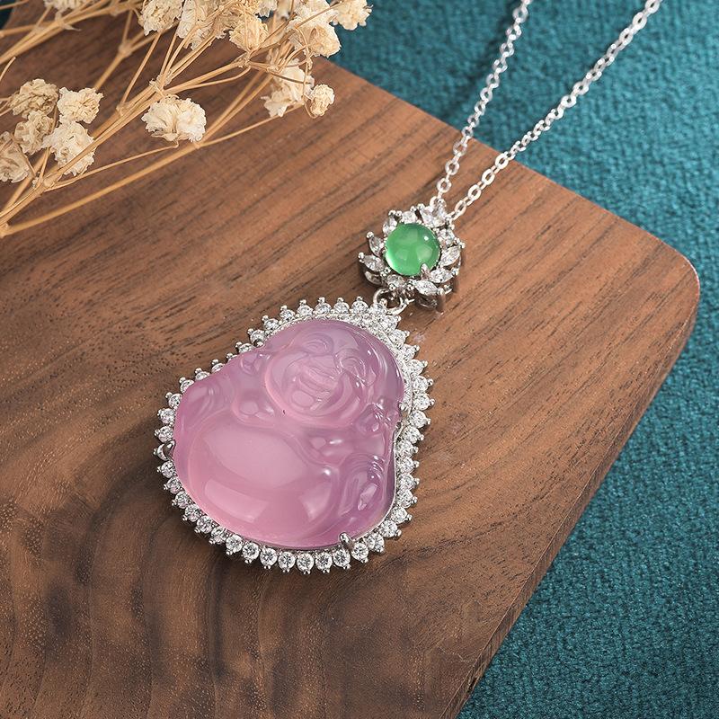 Pink Jade Laughing Buddha Lucky Pendant Necklace - FengshuiGallary