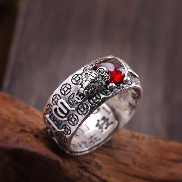 Pixiu Natural Red Garnet Stone Ring - FengshuiGallary