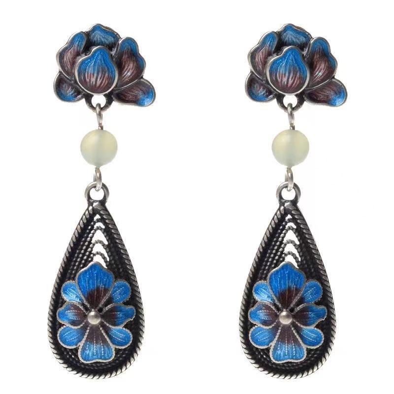 Plum Flower Earrings-Blue Enamel Jade Beads - FengshuiGallary