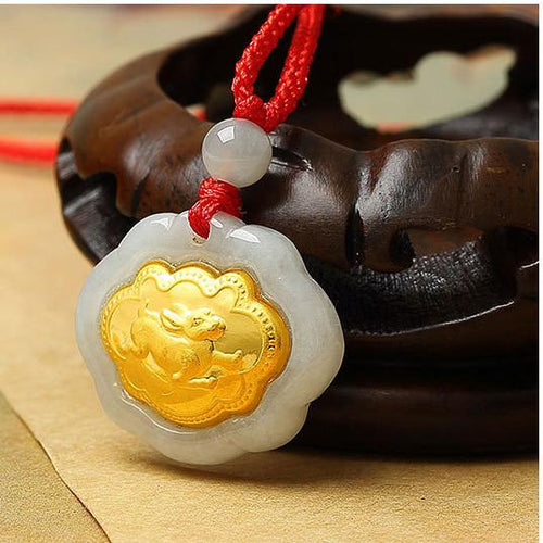 Rabbit 24k Gold 12 Chinese Zodiac Lucky Amulet White Jade Pendant Necklace - FengshuiGallary