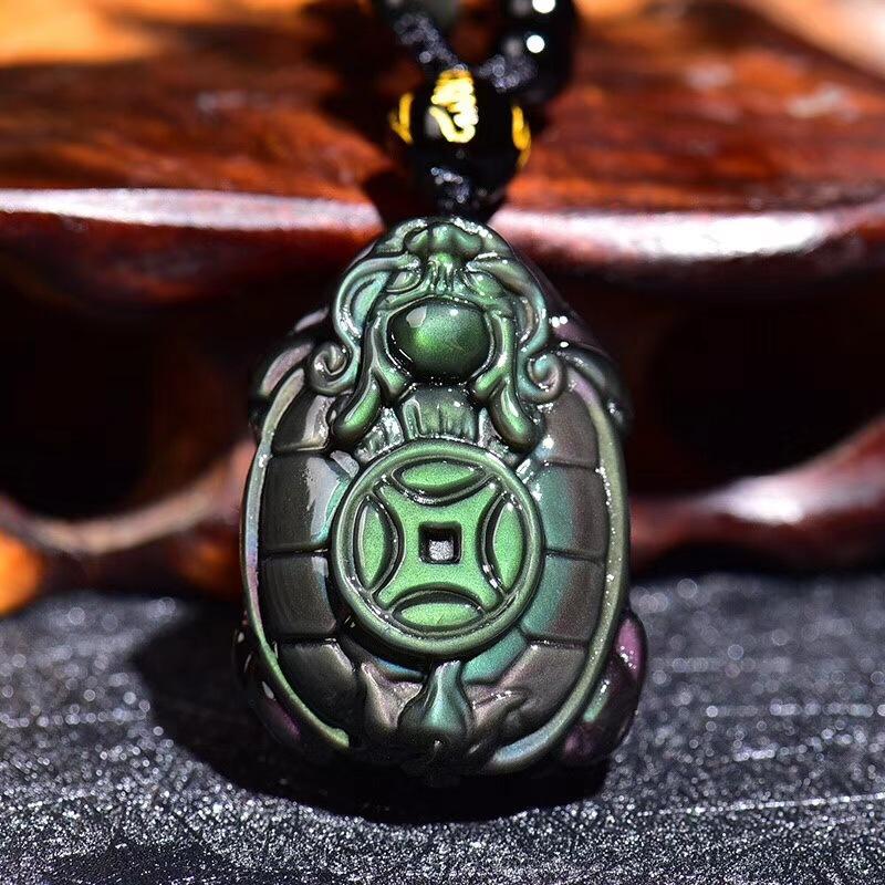 Rainbow Obsidian Feng Shui Tortoise Protection Pendant Necklace - FengshuiGallary